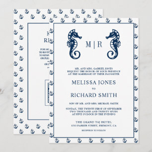 Blue Nautical Anchor Seahorse QR Code Wedding Invitation