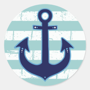 blue nautical anchor & stripes classic round sticker