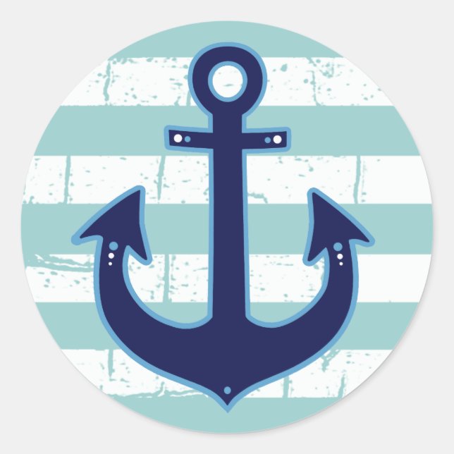 blue nautical anchor & stripes classic round sticker (Front)
