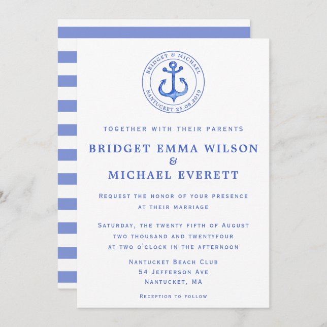 Blue Nautical Anchor Wedding Invitation (Front/Back)