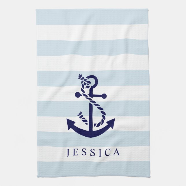 Blue nautical anchor white & light blue stripes tea towel (Vertical)