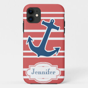 Blue Nautical Anchor with Red Stripes iPhone Case