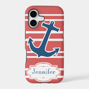 Blue Nautical Anchor with Red Stripes iPhone Case