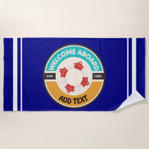 Blue Nautical Anchor yacht club boat marina Name Beach Towel