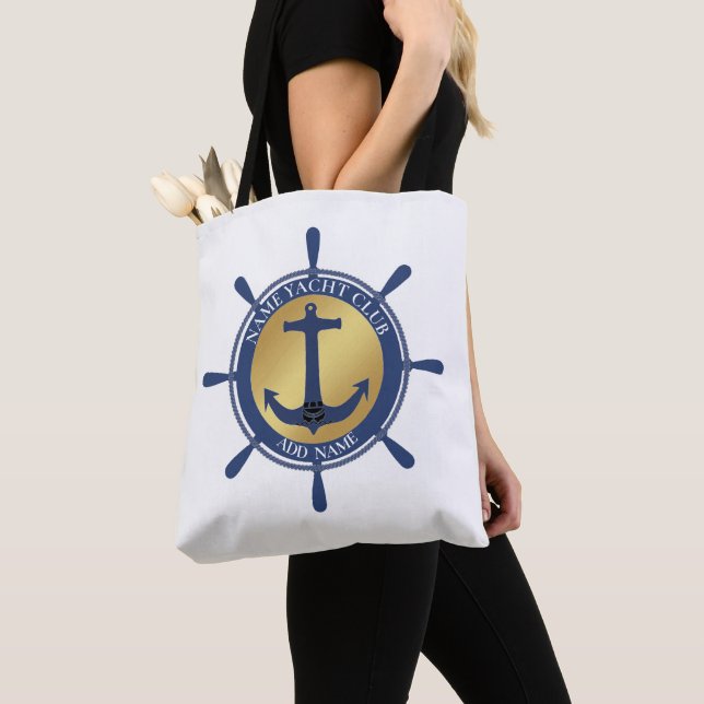 Blue Nautical Anchor yacht club boat marina Name Tote Bag (Close Up)