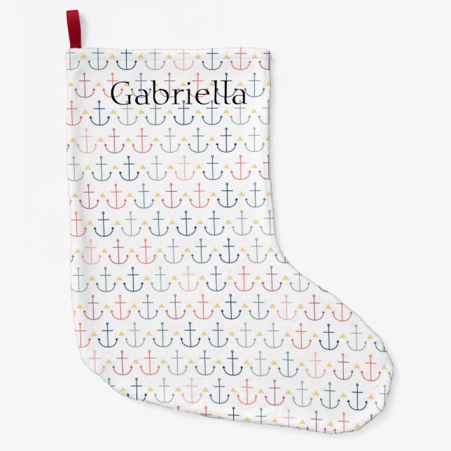 Blue Nautical Anchors Large Christmas Stocking (Front)