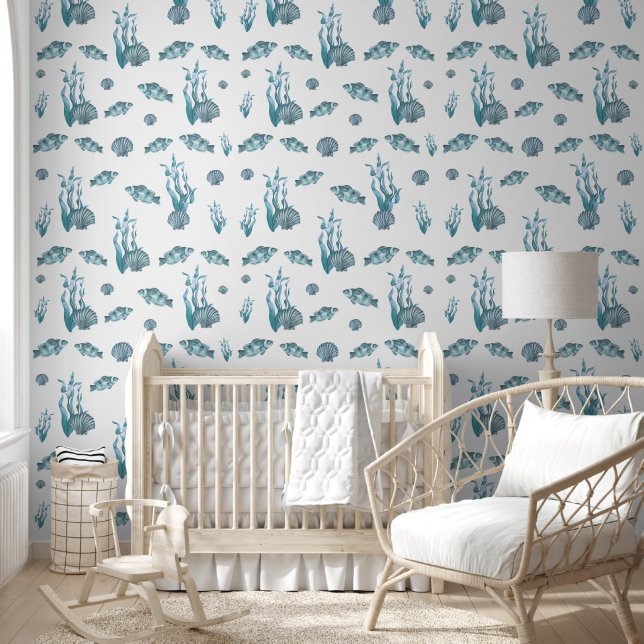 Blue Nautical Beach Coastal Fish & Shells Nursery Wallpaper (Kids)