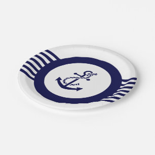 Blue Nautical Boat Anchor And Stripes Paper Plate