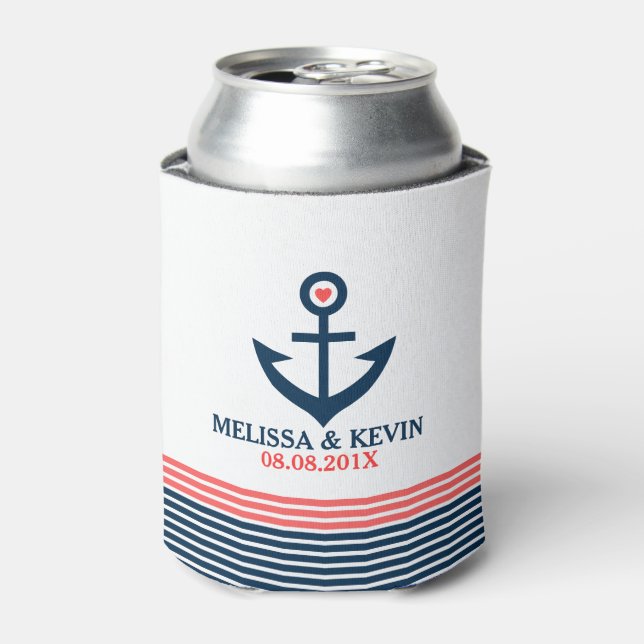 Blue Nautical Boat Anchor & Decorative Stripes Can Cooler (Can Front)