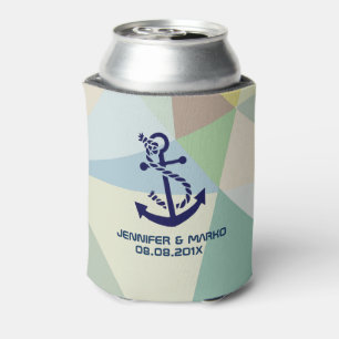 Blue Nautical Boat Anchor Modern Geometric Pattern Can Cooler