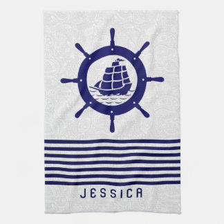 Blue Nautical Boat Wheel And Stripes Tea Towel