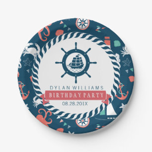 Blue Nautical Boat Wheel & Marine Life Pattern Paper Plate