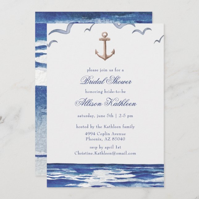 Blue Nautical Coastal Sea Bridal Shower Invitation (Front/Back)