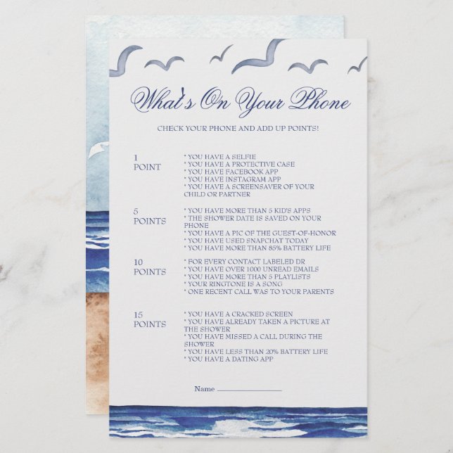 Blue Nautical Coastal Sea What's on The Phone Game (Front/Back)