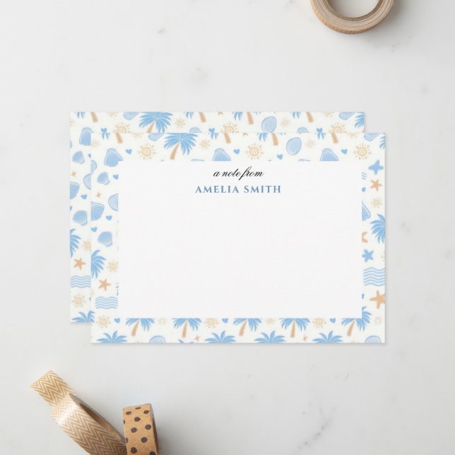 Blue Nautical Coastal Summer Pastel Floral Note Card (Front/Back In Situ)