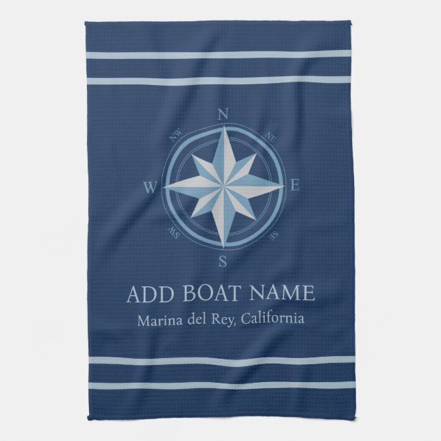 Blue Nautical Compass Custom Boat Name Tea Towel (Vertical)