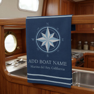 Blue Nautical Compass Custom Boat Name Tea Towel