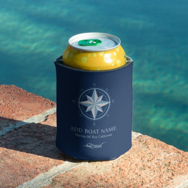 Blue Nautical Compass Custom Marina & Boat Name Can Cooler (In Situ Pool)