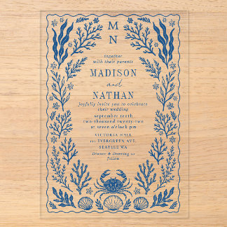 Blue Nautical Crab Shell Ocean Beach Wedding Acrylic Invitations