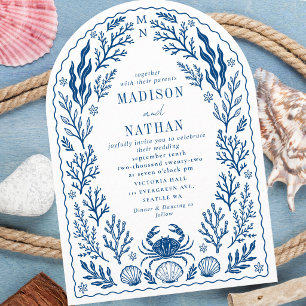 Blue Nautical Crab Shell Ocean Beach Wedding Arch Invitation