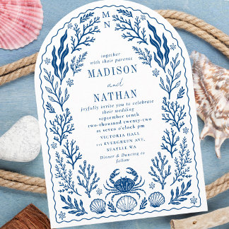 Blue Nautical Crab Shell Ocean Beach Wedding Arch Invitation