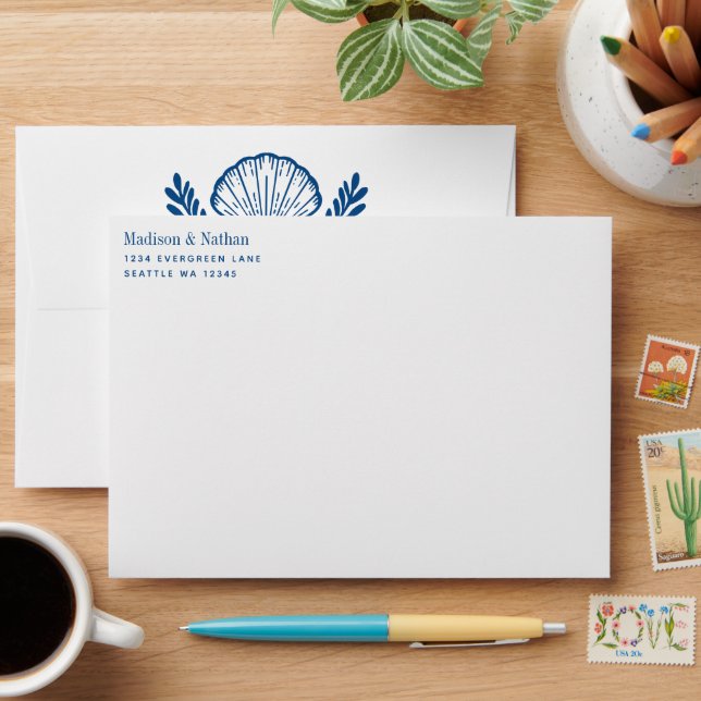 Blue Nautical Crab Shell Ocean Beach Wedding Envelope (Desk)