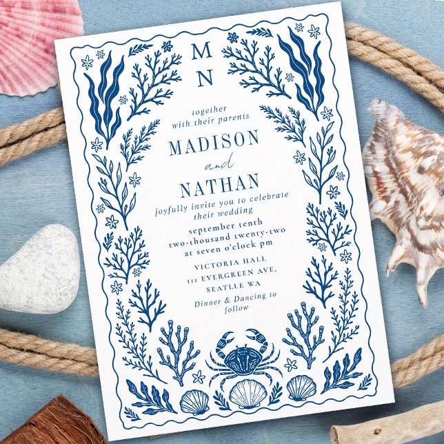Blue Nautical Crab Shell Ocean Beach Wedding Invitation (Creator Uploaded)