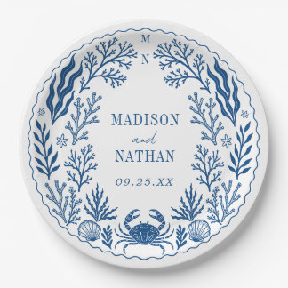 Blue Nautical Crab Shell Ocean Beach Wedding Paper Plate