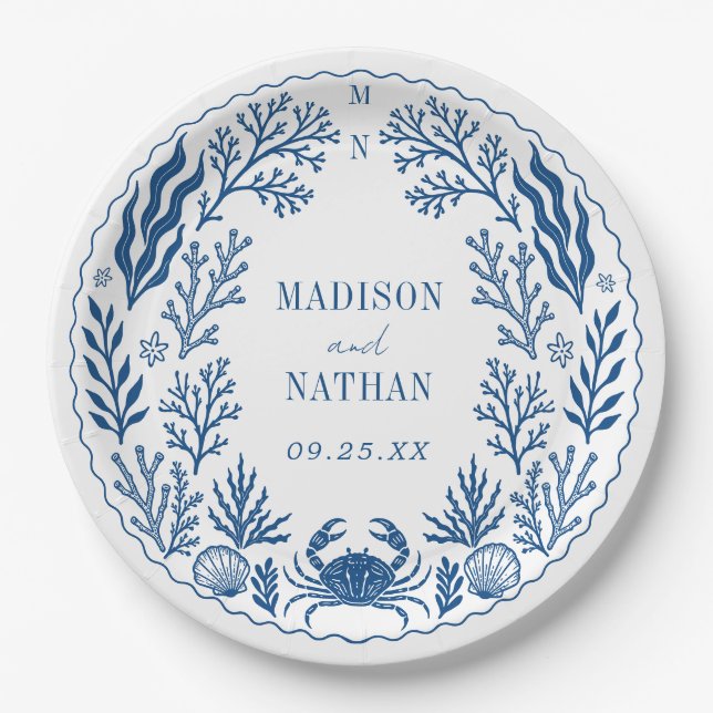 Blue Nautical Crab Shell Ocean Beach Wedding Paper Plate (Front)