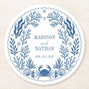 Blue Nautical Crab Shell Ocean Beach Wedding Round Paper Coaster