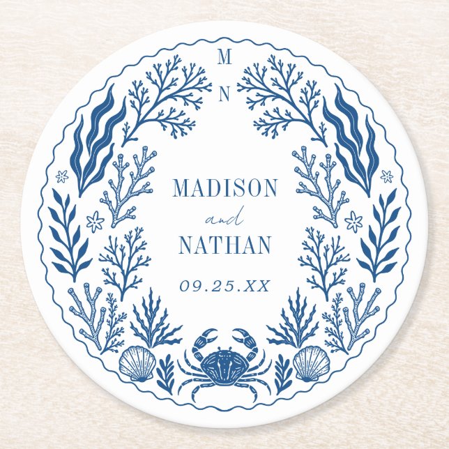 Blue Nautical Crab Shell Ocean Beach Wedding Round Paper Coaster (Front)