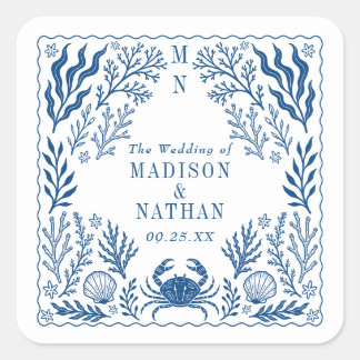 Blue Nautical Crab Shell Ocean Beach Wedding Square Sticker