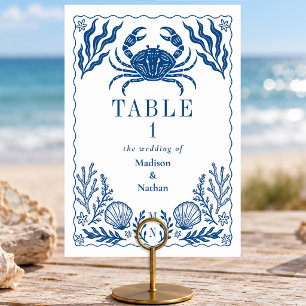 Blue Nautical Crab Shell Ocean Beach Wedding Table Number