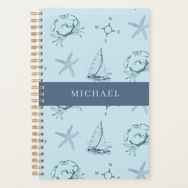 Blue Nautical Crab Starfish Boat Pattern Planner (Front)