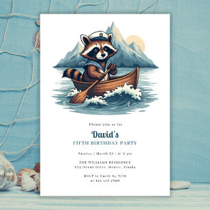 Blue Nautical Cute Fishing Racoon Birthday Party Invitation
