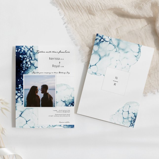 Blue Nautical Destination Wedding Monogram Photo Invitation (Creator Uploaded)