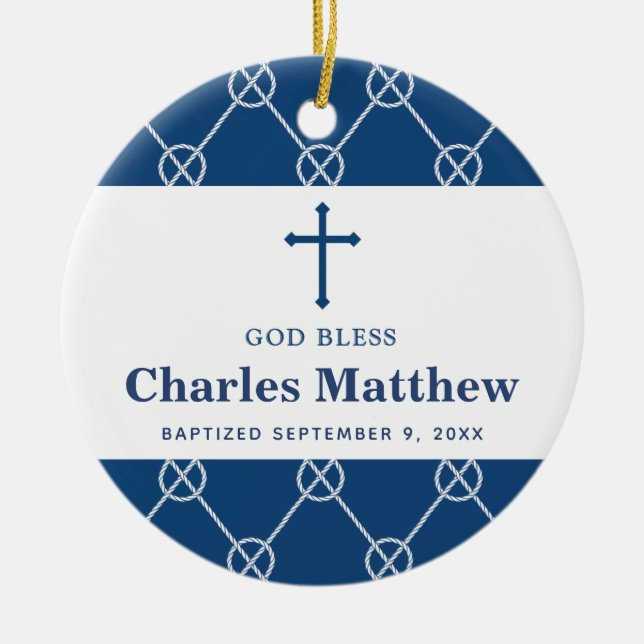 Blue Nautical Knot Classic Beach Boy Baptism Ceramic Tree Decoration (Front)