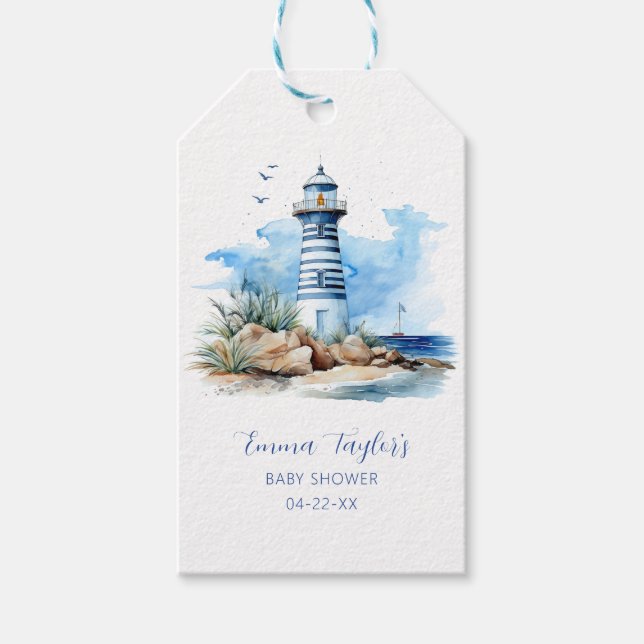 Blue Nautical Lighthouse Baby Shower Gift Tag  (Front)