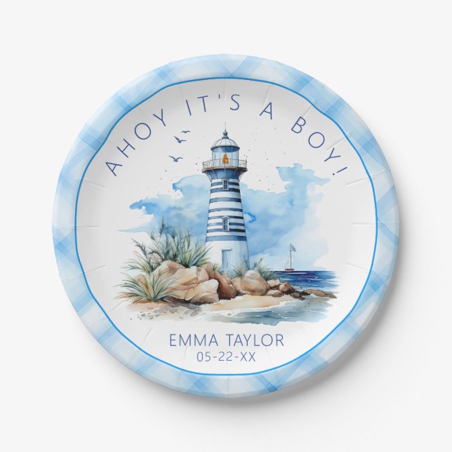 Blue Nautical Lighthouse Baby Shower Paper Plates (Front)
