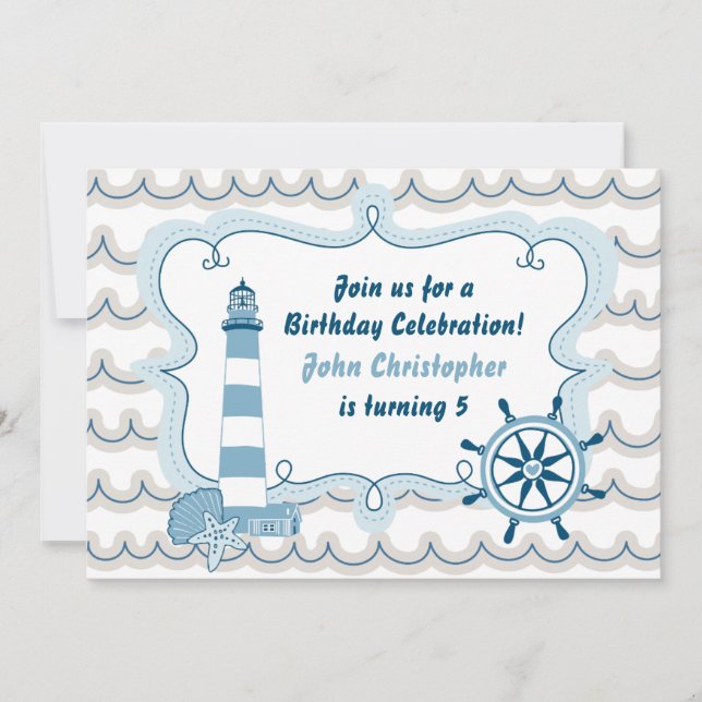 Blue Nautical Lighthouse Boys Birthday Invitation (Front)