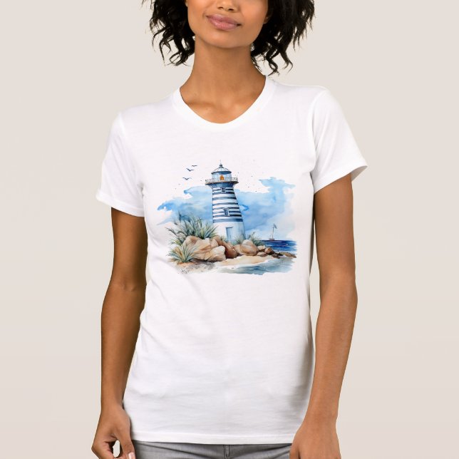 Blue Nautical Lighthouse Watercolor Women's  T-Shirt (Front)