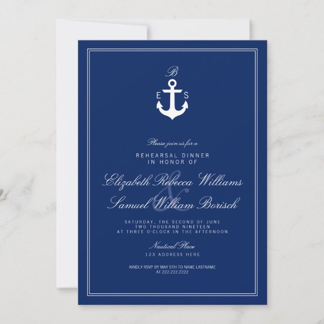 Blue Nautical Monogram Rehearsal Dinner Invite (Front)