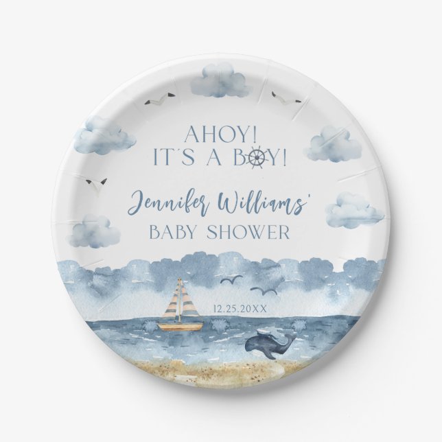 Blue Nautical Ocean Sea Ahoy its a boy baby shower Paper Plate (Front)