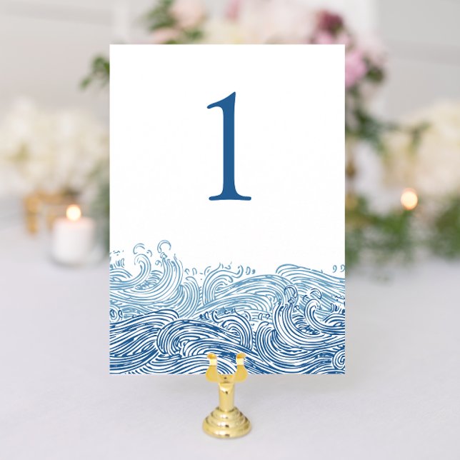 Blue Nautical Ocean Waves Wedding Table Number (Blue Nautical Ocean Waves wedding table numbers from Concertina Press)