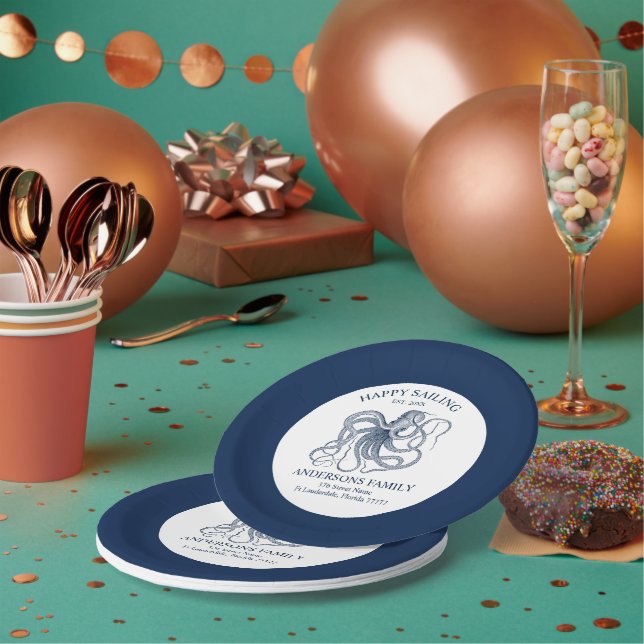 Blue nautical octopus illustration paper plate (Multi)