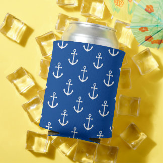 Blue Nautical Patterned White Anchor Can Cooler