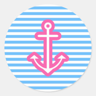 Blue Nautical Pink Anchor Classic Round Sticker