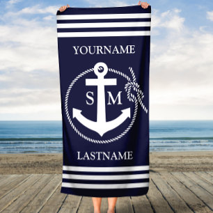Blue Nautical Rope and Anchor Personalised Beach Towel