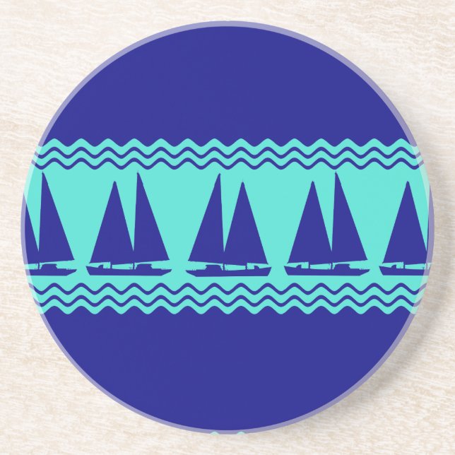 Blue Nautical Sailboat Coastal Stripes Coaster (Front)