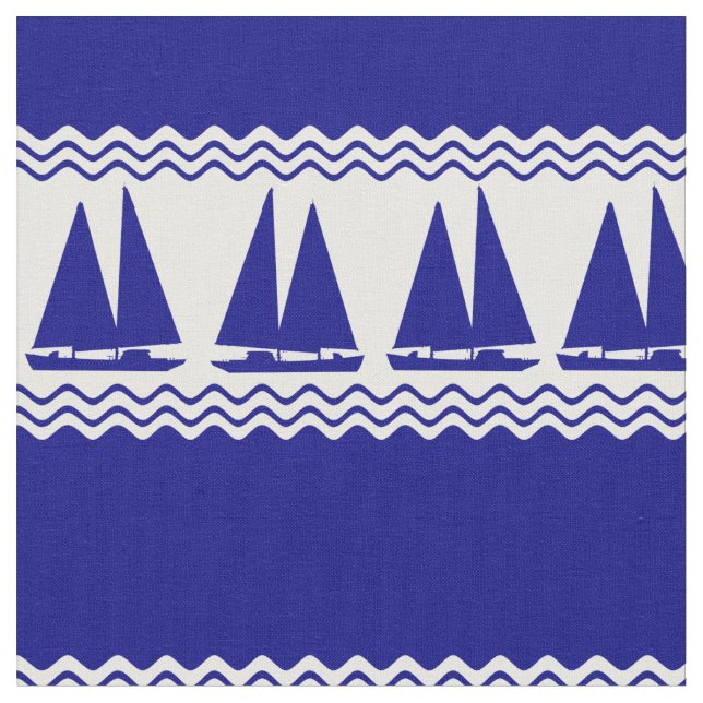 Blue Nautical Sailboat Coastal Stripes Fabric (Close Up)
